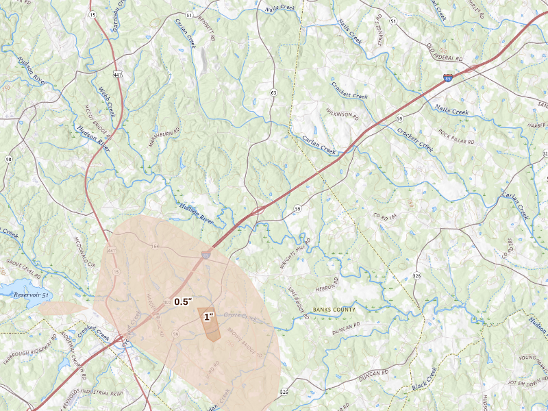 Radar-estimated hail-size map of the storm over Commerce, GA