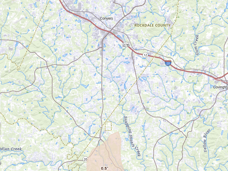 Radar-estimated hail-size map of the storm over Conyers, GA on Jul 3, 2026