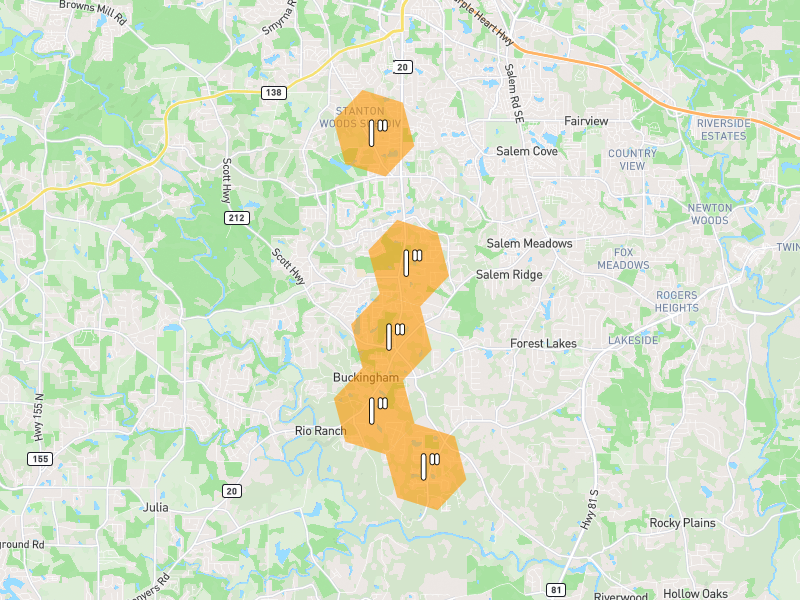 Hail map of Conyers, GA on Jul 3, 2026, hail up to 1"
