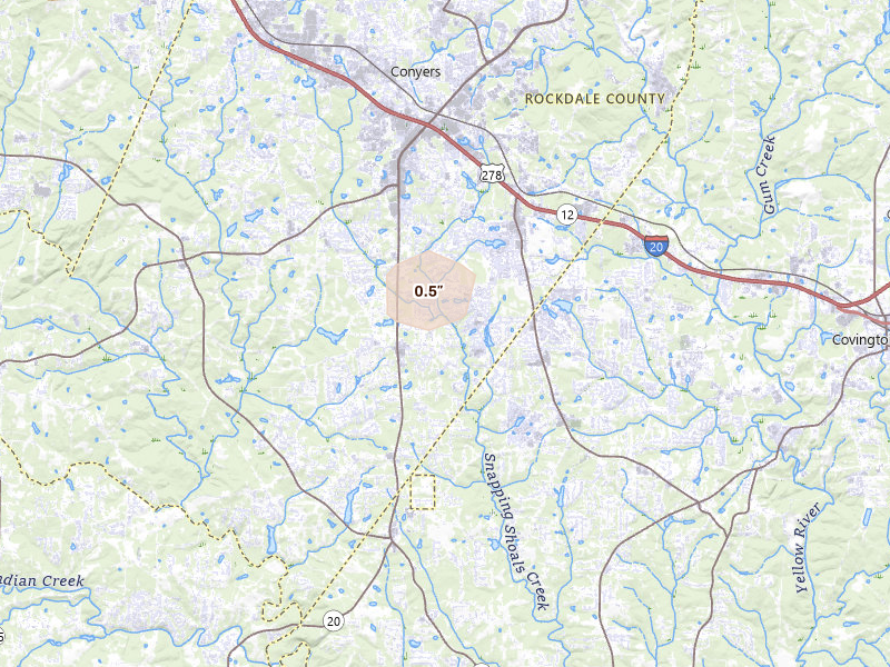 Radar-estimated hail-size map of the storm over Conyers, GA on Jul 12, 2026