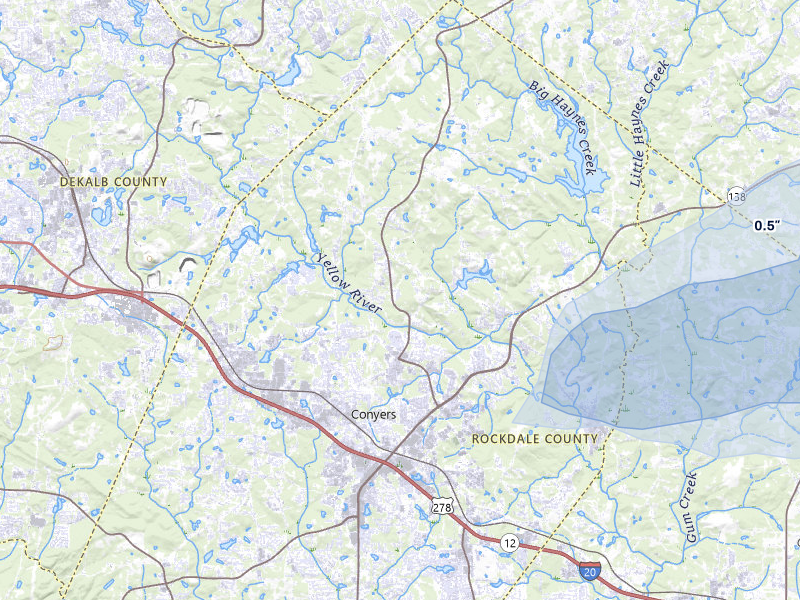 NEXRAD radar-signature map of the hail storm over Conyers, GA on Aug 5, 2026