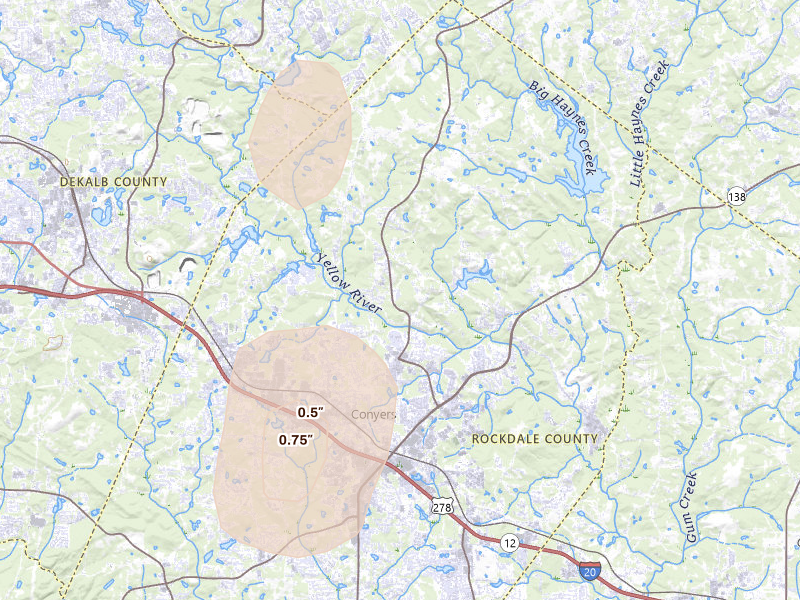 Radar-estimated hail-size map of the storm over Conyers, GA