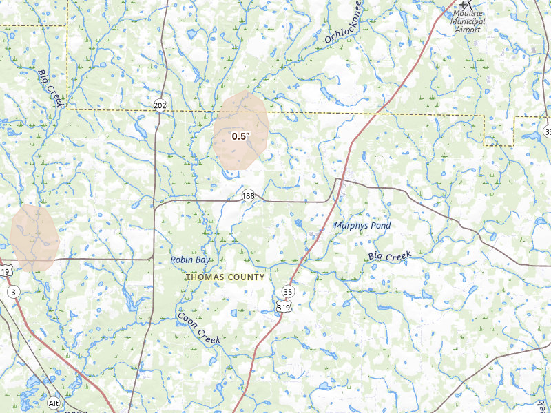 Radar-estimated hail-size map of the storm over Coolidge, GA on May 21, 2026