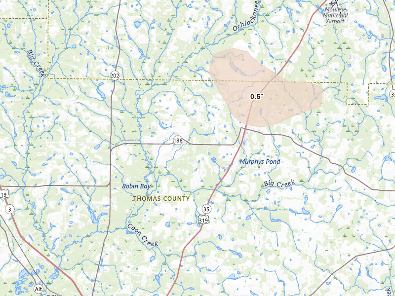Radar-estimated hail-size map of the storm over Coolidge, GA on Aug 22, 2026