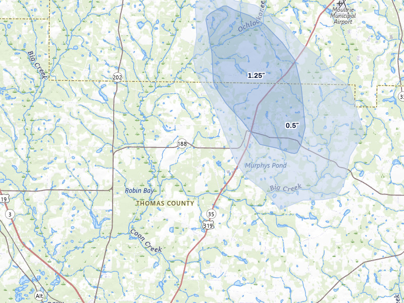 NEXRAD radar-signature map of the hail storm over Coolidge, GA on Aug 22, 2026