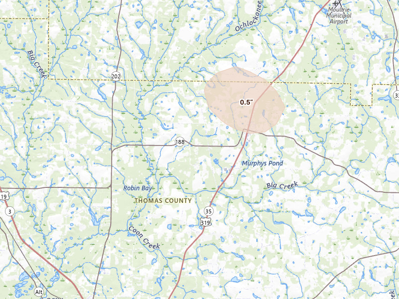 Radar-estimated hail-size map of the storm over Coolidge, GA on Aug 24, 2026