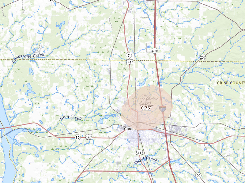 Radar-estimated hail-size map of the storm over Cordele, GA on May 17, 2026