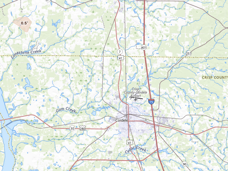 Radar-estimated hail-size map of the storm over Cordele, GA on Jul 9, 2026