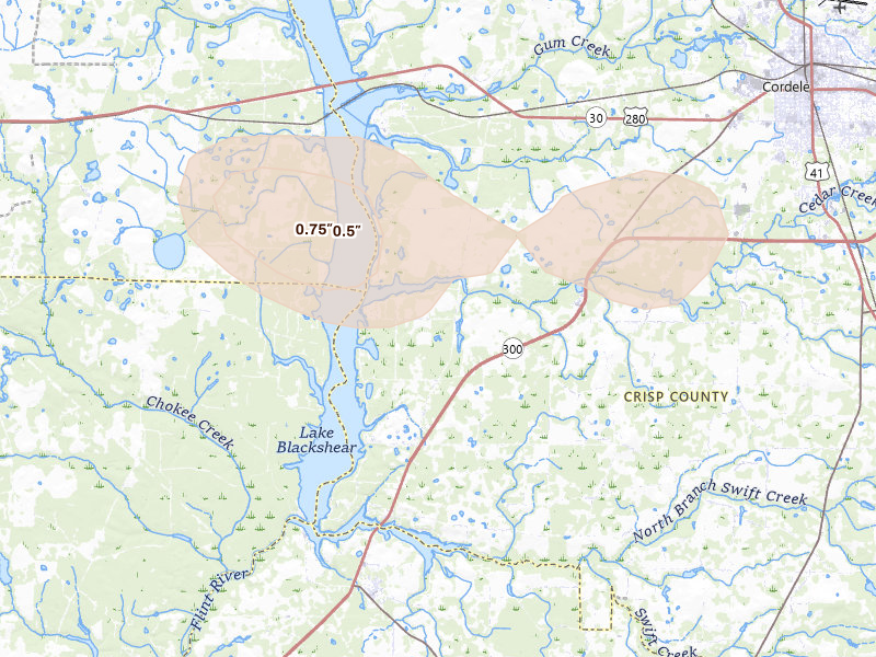 Radar-estimated hail-size map of the storm over Cordele, GA on Aug 11, 2026