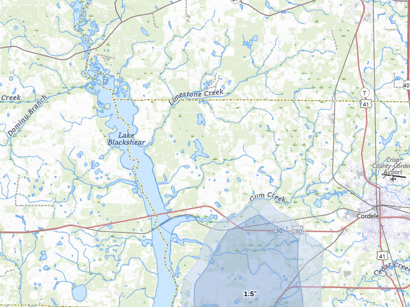 NEXRAD radar-signature map of the hail storm over Cordele, GA on Aug 11, 2026
