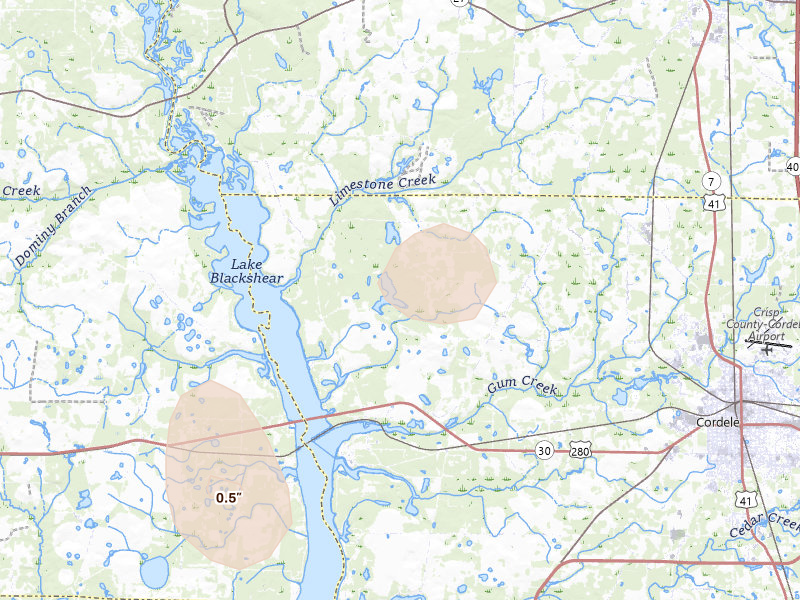 Radar-estimated hail-size map of the storm over Cordele, GA on Aug 13, 2026