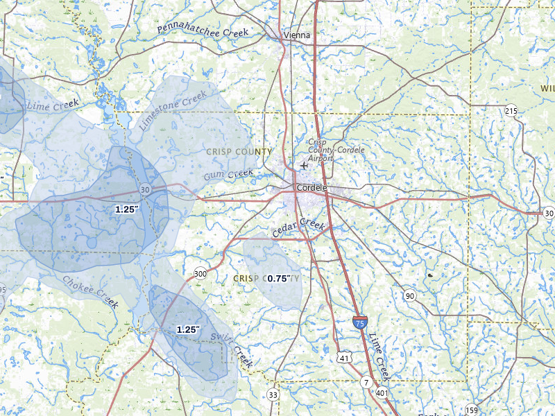 NEXRAD radar-signature map of the hail storm over Cordele, GA on Aug 13, 2026