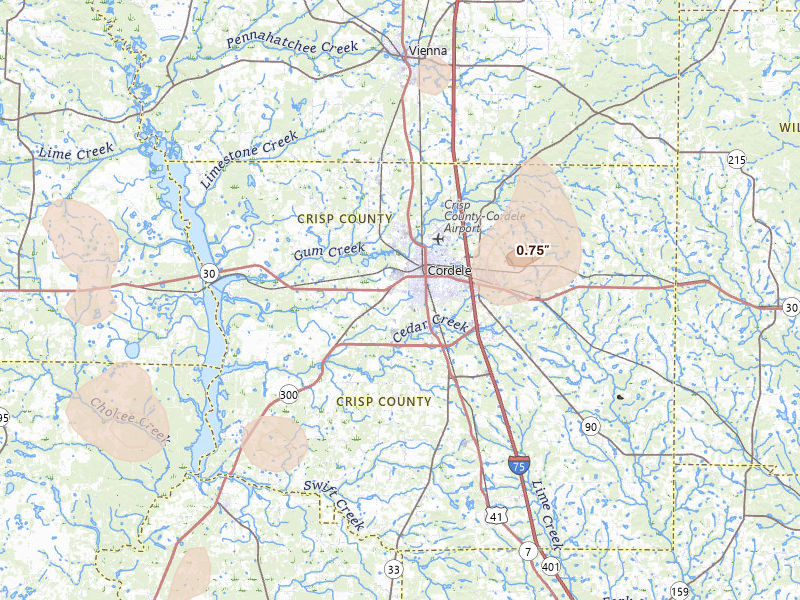 Radar-estimated hail-size map of the storm over Cordele, GA on Aug 21, 2026