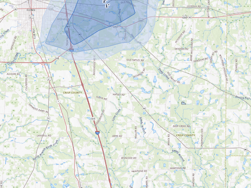 NEXRAD radar-signature map of the hail storm over Cordele, GA on Aug 21, 2026
