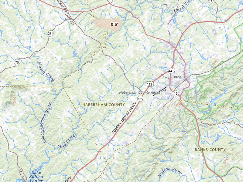 Radar-estimated hail-size map of the storm over Cornelia, GA on Jul 10, 2026