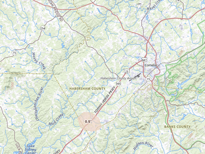Radar-estimated hail-size map of the storm over Cornelia, GA on Aug 9, 2026