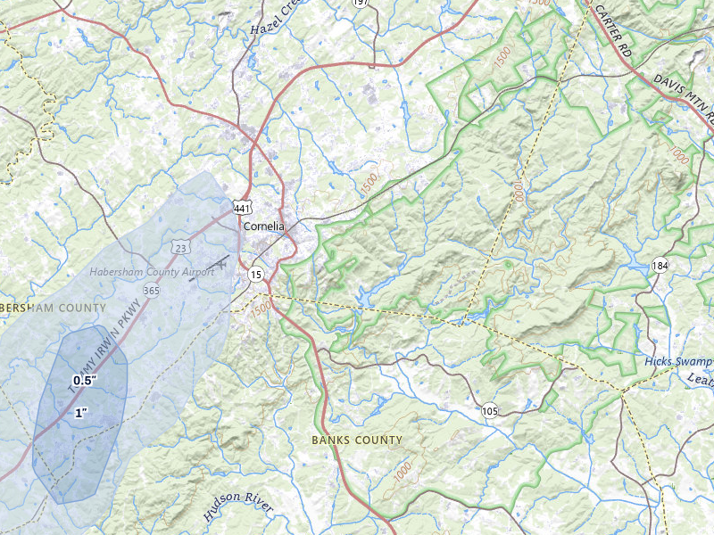 NEXRAD radar-signature map of the hail storm over Cornelia, GA on Aug 9, 2026