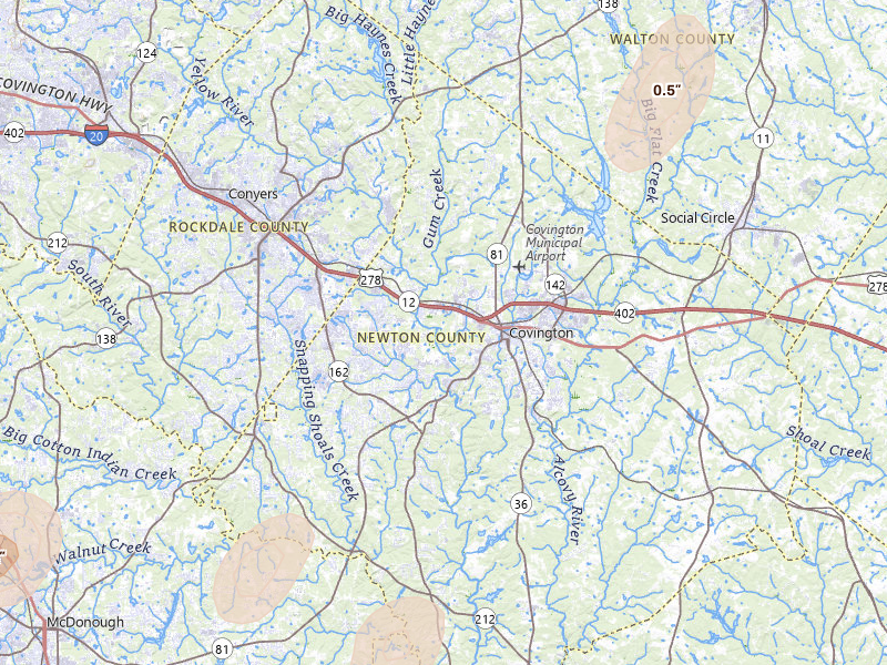 Radar-estimated hail-size map of the storm over Covington, GA on Mar 6, 2026