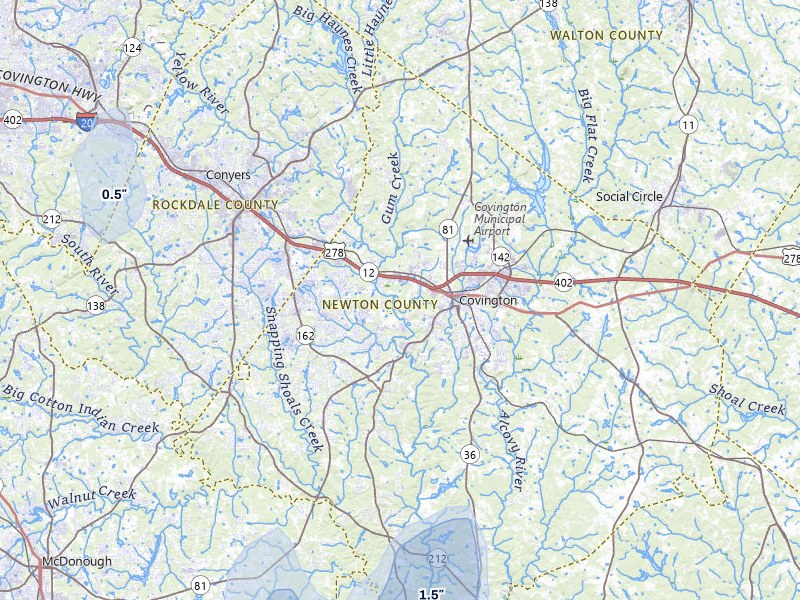 NEXRAD radar-signature map of the hail storm over Covington, GA on May 17, 2026