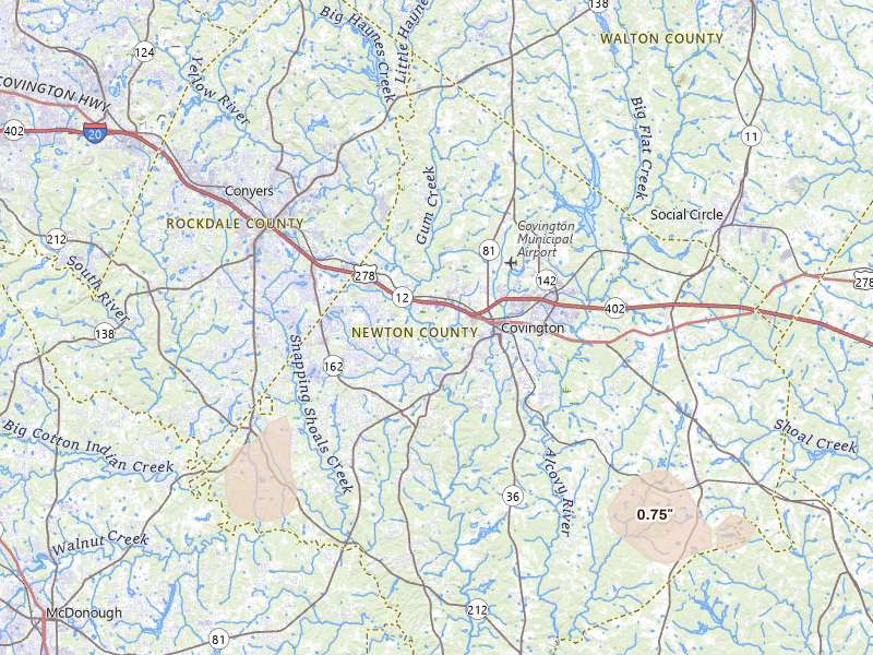 Radar-estimated hail-size map of the storm over Covington, GA on Jul 3, 2026