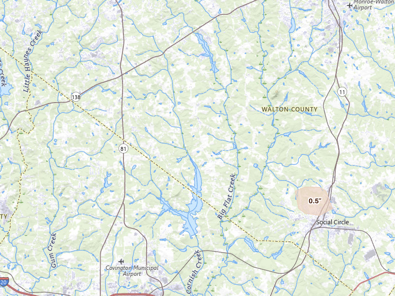 Radar-estimated hail-size map of the storm over Covington, GA on Jul 10, 2026