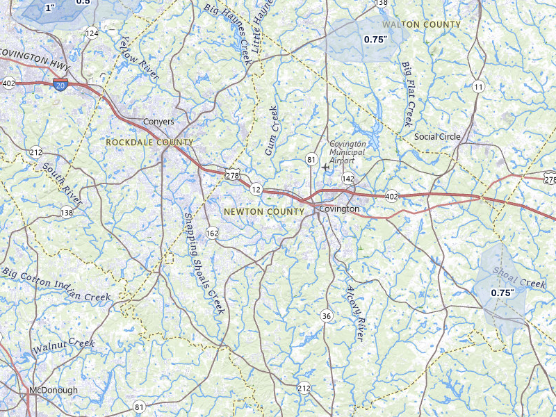 NEXRAD radar-signature map of the hail storm over Covington, GA on Jul 10, 2026