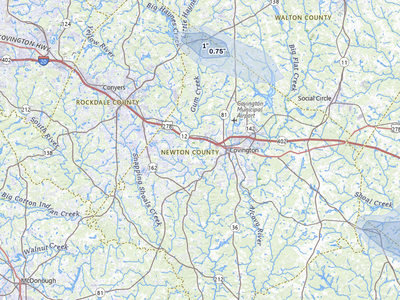 NEXRAD radar-signature map of the hail storm over Covington, GA on Jul 11, 2026