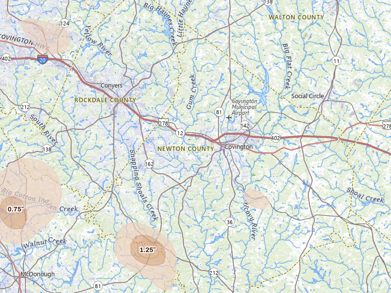 Radar-estimated hail-size map of the storm over Covington, GA on Jul 17, 2026
