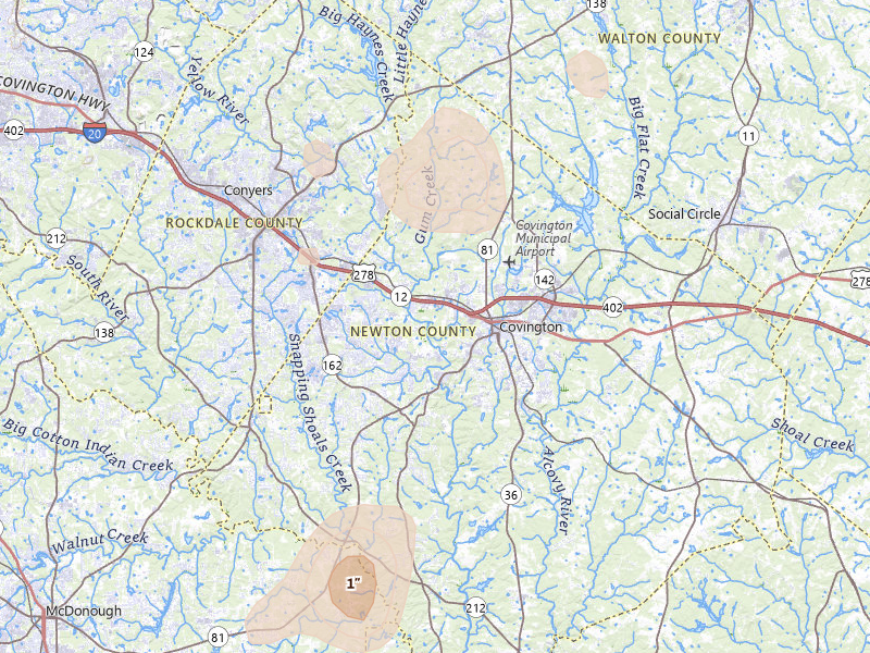 Radar-estimated hail-size map of the storm over Covington, GA on Aug 5, 2026