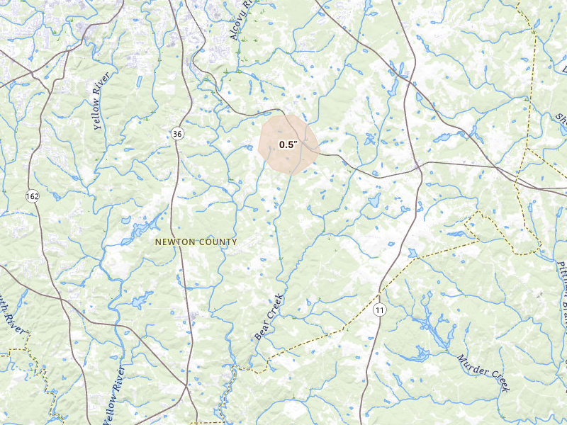 Radar-estimated hail-size map of the storm over Covington, GA on Aug 9, 2026