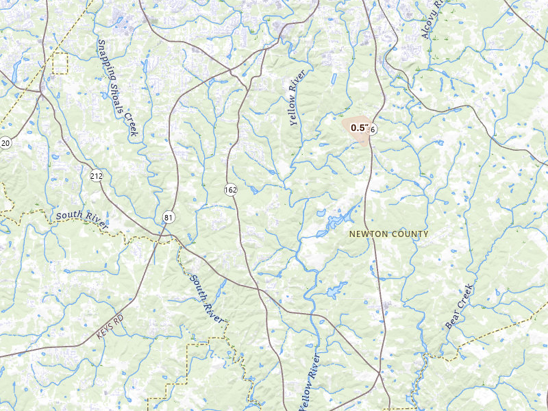 Radar-estimated hail-size map of the storm over Covington, GA on Aug 11, 2026