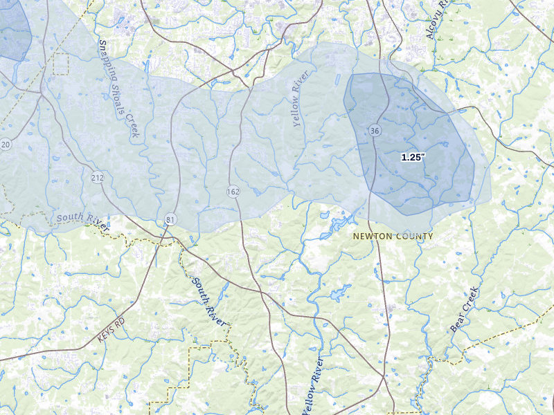 NEXRAD radar-signature map of the hail storm over Covington, GA on Aug 11, 2026