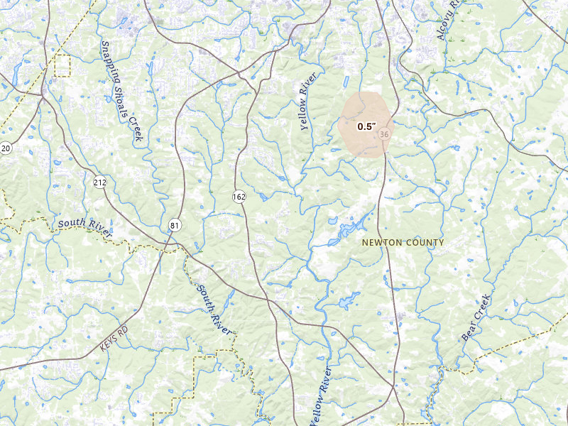 Radar-estimated hail-size map of the storm over Covington, GA on Aug 13, 2026