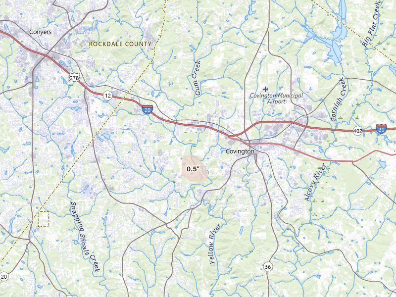 Radar-estimated hail-size map of the storm over Covington, GA on Aug 14, 2026