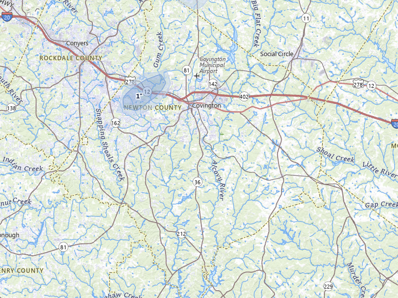 NEXRAD radar-signature map of the hail storm over Covington, GA on Aug 14, 2026
