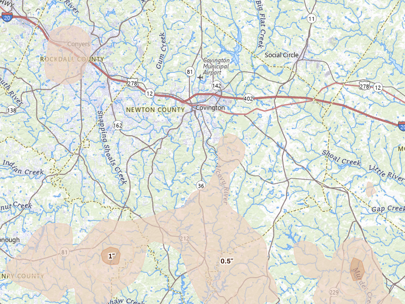 Radar-estimated hail-size map of the storm over Covington, GA