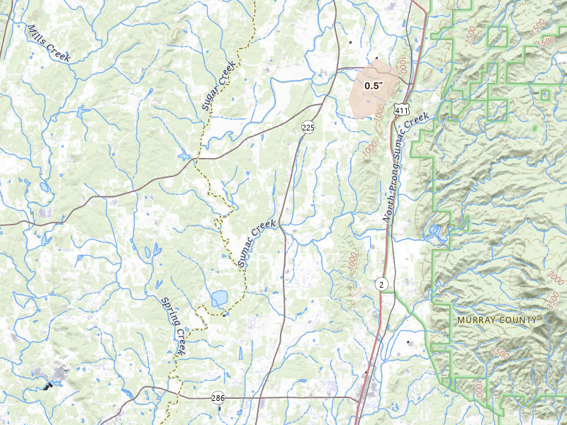 Radar-estimated hail-size map of the storm over Crandall, GA on Aug 1, 2026