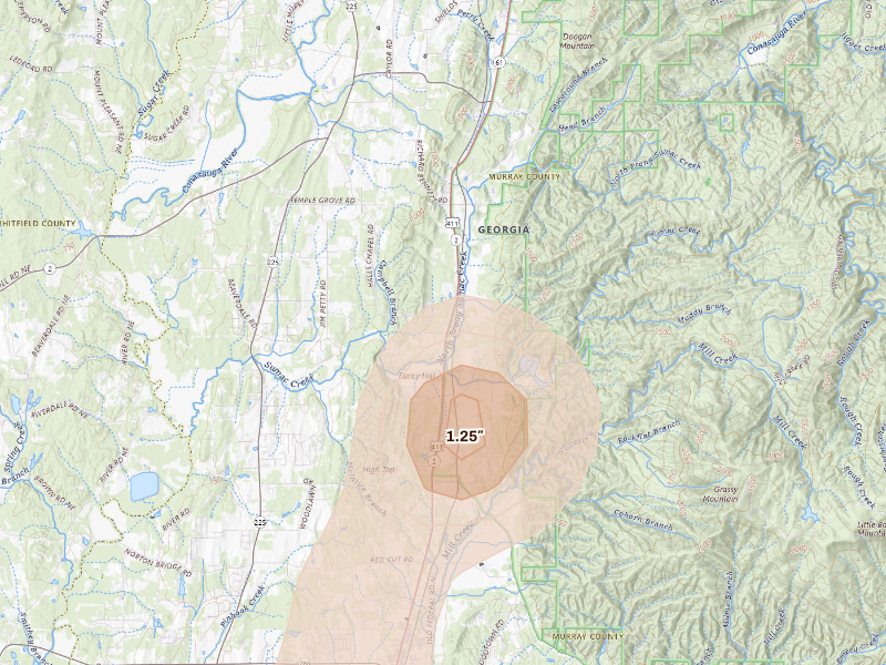 Radar-estimated hail-size map of the storm over Crandall, GA