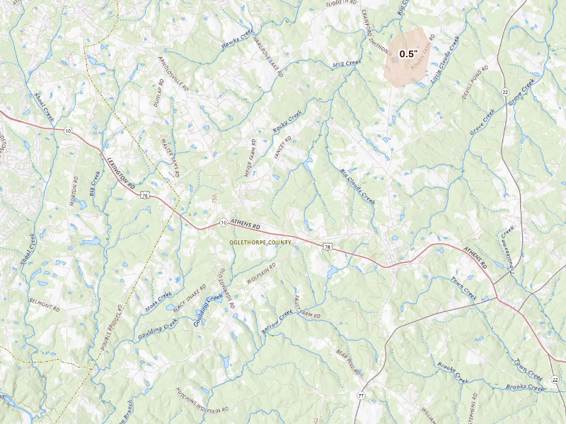 Radar-estimated hail-size map of the storm over Crawford, GA