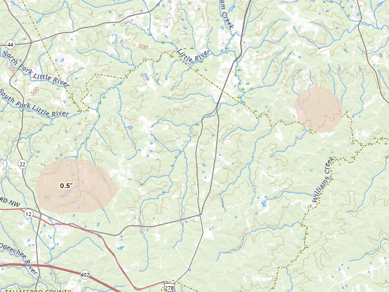 Radar-estimated hail-size map of the storm over Crawfordville, GA on Jun 27, 2026
