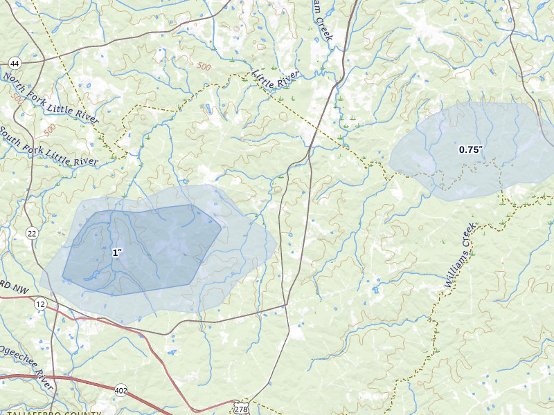 NEXRAD radar-signature map of the hail over Crawfordville, GA
