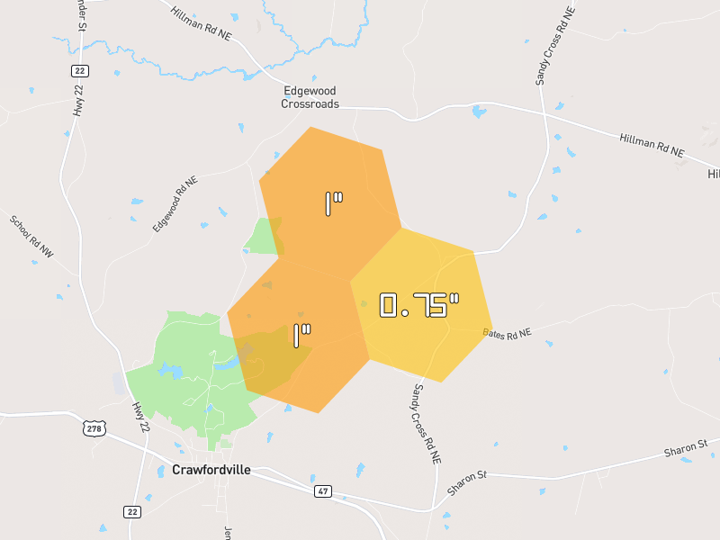 Hail map of Crawfordville, GA on Jun 27, 2026, hail up to 1"