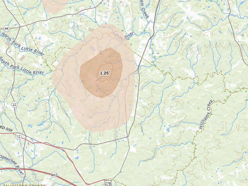 Radar-estimated hail-size map of the storm over Crawfordville, GA on Jun 29, 2026