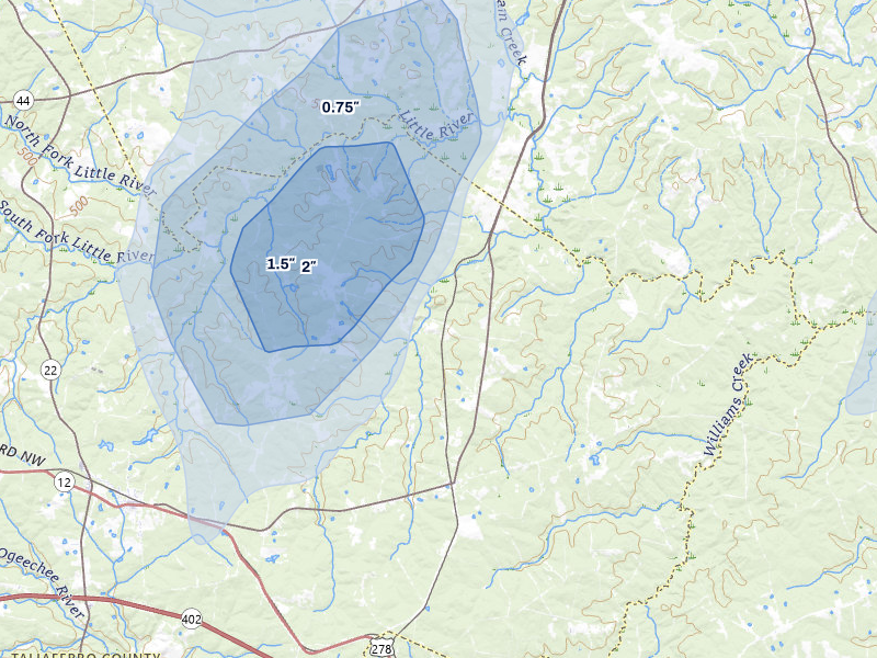 NEXRAD radar-signature map of the hail over Crawfordville, GA