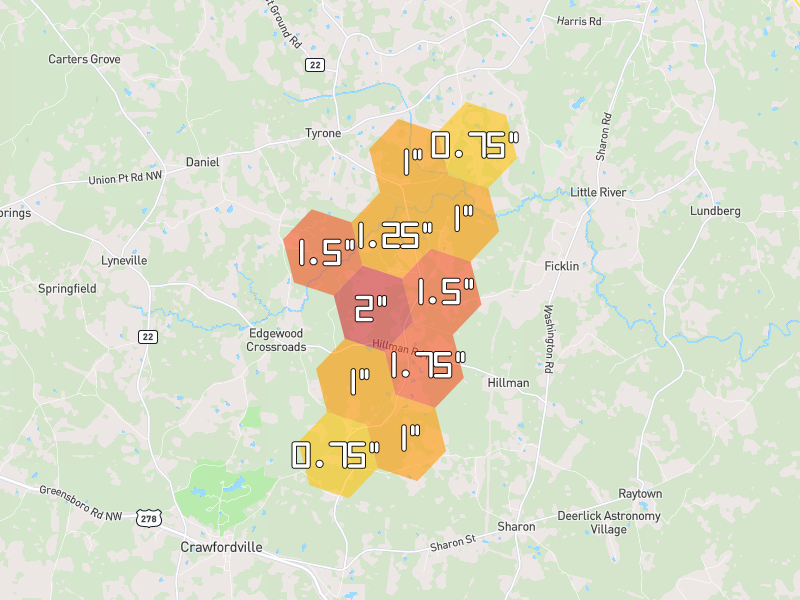 Hail map of Crawfordville, GA on Jun 29, 2026, hail up to 2"