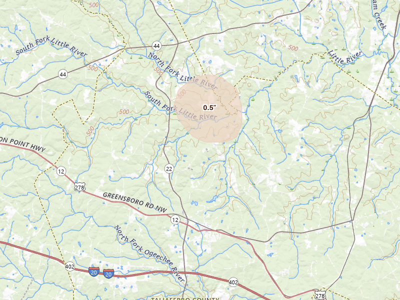 Radar-estimated hail-size map of the storm over Crawfordville, GA on Aug 5, 2026