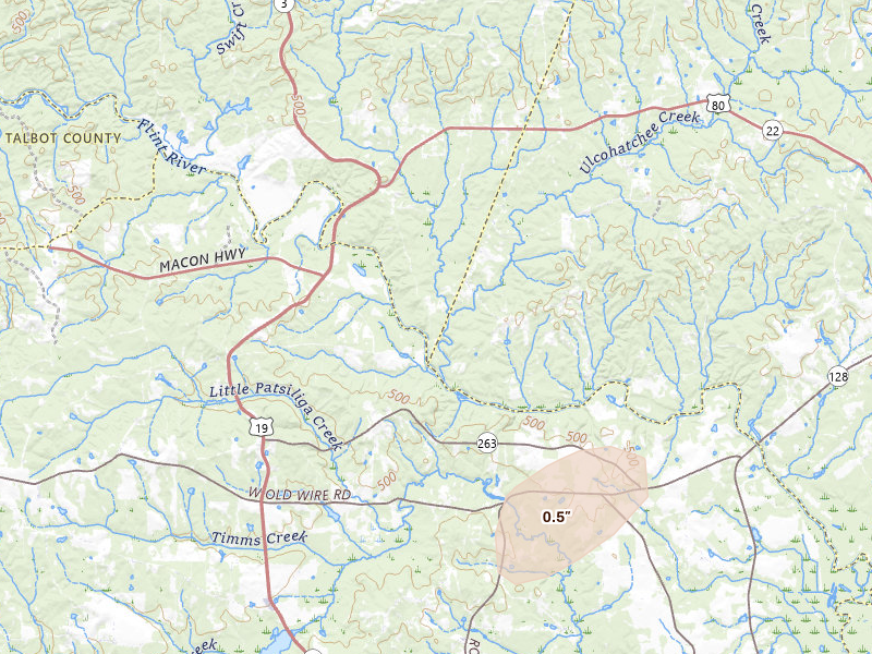 Radar-estimated hail-size map of the storm over Culloden, GA on May 24, 2026