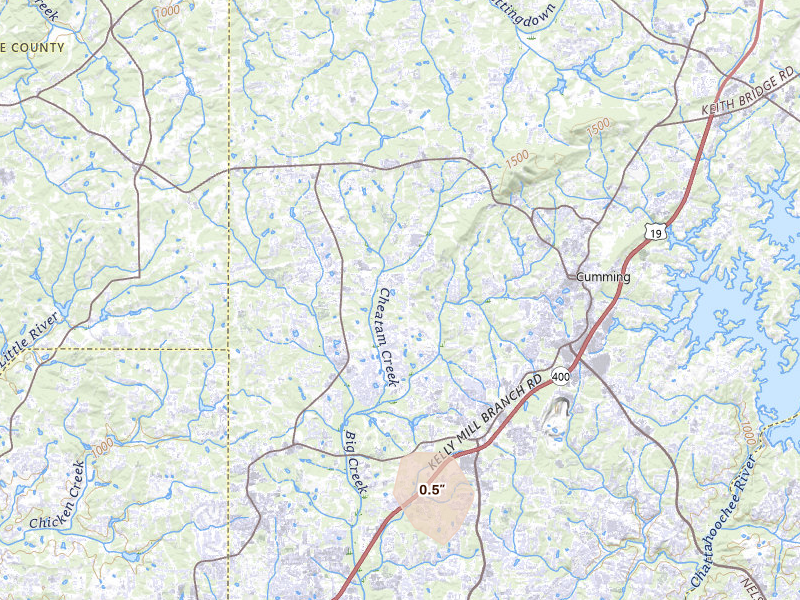 Radar-estimated hail-size map of the storm over Cumming, GA on Jul 4, 2026
