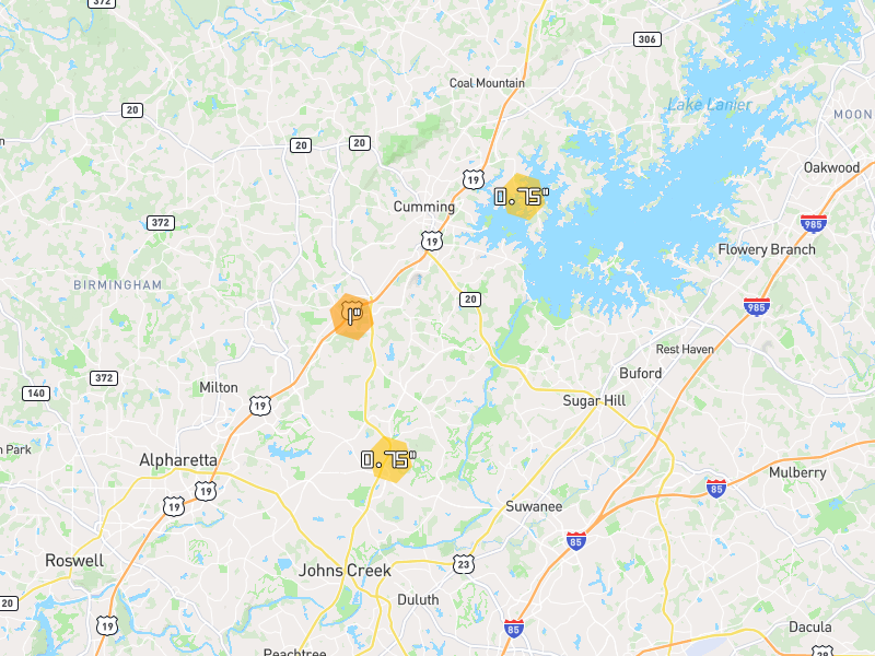 Hail map of Cumming, GA on Jul 5, 2026, hail up to 1"