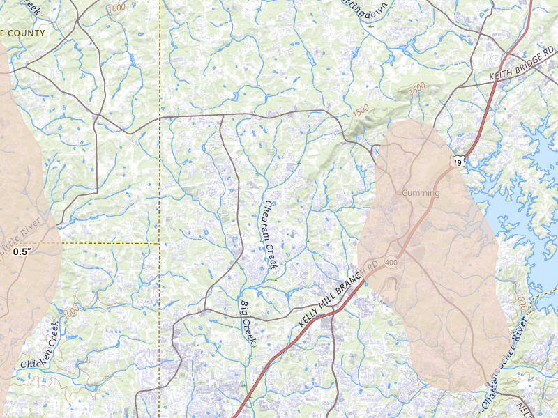 Radar-estimated hail-size map of the storm over Cumming, GA on Jul 28, 2026
